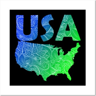 Colorful mandala art map of the United States of America with text in blue and green Posters and Art